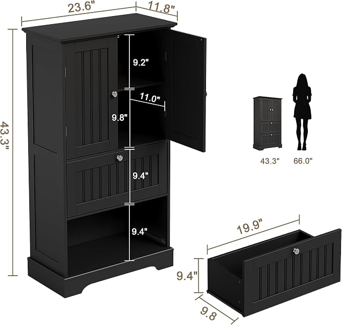 Treocho Bathroom Floor Cabinet with 2 Drawers and Adjustable Shelf | Bathroom Storage Cabinet, Freestanding Cupboard Pantry for Kitchen, Living Room, Dining Room, Black