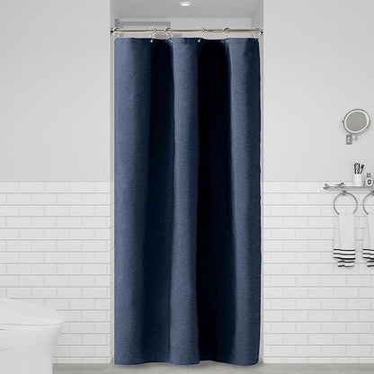 BTTN Stall Fabric Shower Curtain - 36x72 Inch Narrow Linen Textured Heavy Duty Shower Curtain Set with 6 Plastic Hooks, Hotel Spa Luxury Half Waterproof Neutral Bath Curtains for Bathroom - Navy Blue