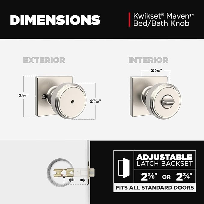 Kwikset Maven Interior Privacy Door Knob with Lock, Square Door Handle for Bathroom and Bedroom, Satin Nickel Keyless Turn Lock Doorknob, with Microban Protection