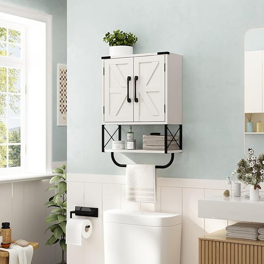 RUSTOWN Farmhouse Rustic Medicine Cabinet with Two Barn Door,Wood Wall Mounted Storage Cabinet with Adjustable Shelf and Towel Bar, 3-Tier Cabinet for Bathroom, Living Room(Vintage White)
