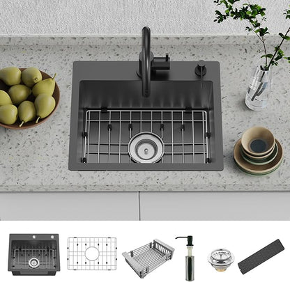 Black 20x16In Drop In Kitchen And Bar Sink, Stainless Steel, Single Bowl | Modern Topmount Bar Sink, Come With Accessory, ideal for small kitchens, bars, prep stations, and utility areas.