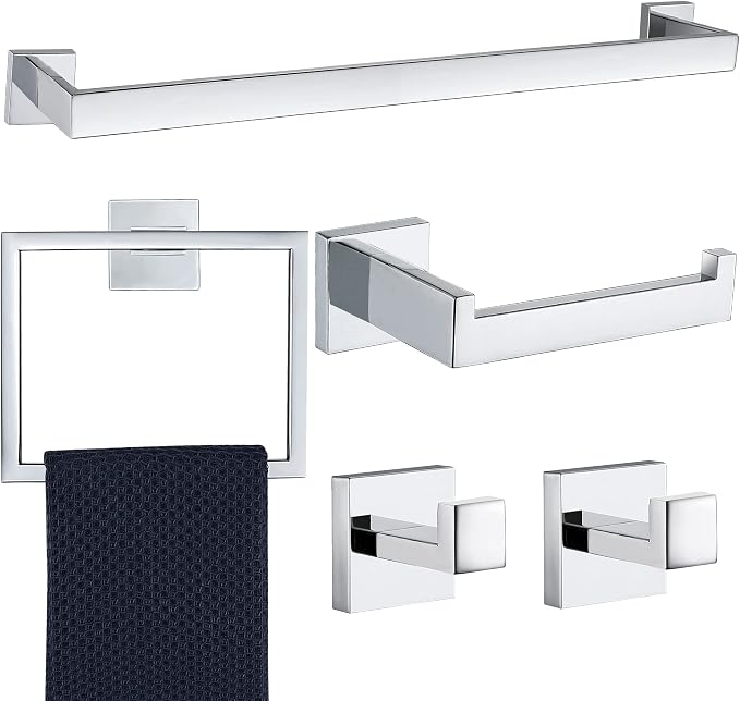 5 Pieces Bathroom Hardware Accessories Set Polished Chrome, 24Inch Bathroom Towel Rack Set SUS304 Stainless Steel, Square Bath Towel bar Set Wall Mounted, Heavy Duty