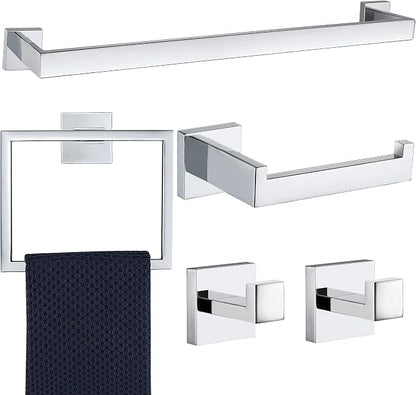 5 Pieces Bathroom Hardware Accessories Set Polished Chrome, 24Inch Bathroom Towel Rack Set SUS304 Stainless Steel, Square Bath Towel bar Set Wall Mounted, Heavy Duty