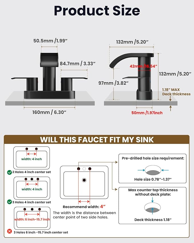 gotonovo 4 Inch Centerset Waterfall Bathroom Sink Faucet Deck Mount 2 Handle Basin Faucets 2 or 3 Hole with Pop Up Drain Included Lavatory Modern Mixer Tap Vanity Faucet Matte Black