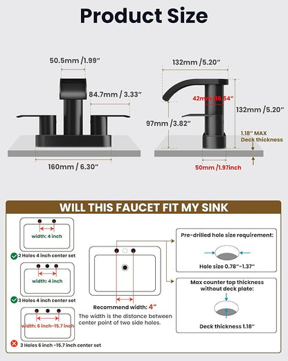 gotonovo 4 Inch Centerset Waterfall Bathroom Sink Faucet Deck Mount 2 Handle Basin Faucets 2 or 3 Hole with Pop Up Drain Included Lavatory Modern Mixer Tap Vanity Faucet Matte Black