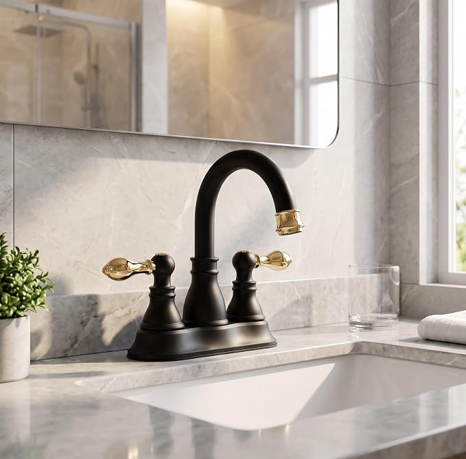 Two Handle Bathroom Sink Faucet,3 Hole with Overflow Pop up Drain, 360° Swivel Spout 4 Inch Centerset Lavatory Faucet,Matte Black with Polished Brass Trim Finished,F-4501-MG