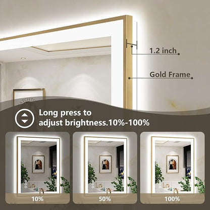 40x36 Inch LED Bathroom Mirror with Lights (Front Lit and Backlit) Gold Framed Lighted Vanity Mirror for Bathroom Wall Dimmable Anti-Fog Memory Tempered Glass Horizontal/Vertical