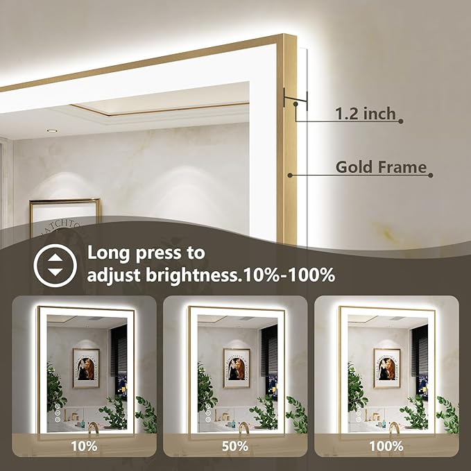 40x32 Inch LED Bathroom Mirror with Lights (Front Lit and Backlit) Gold Framed Lighted Vanity Mirror for Bathroom Wall Dimmable Anti-Fog Memory Tempered Glass Horizontal/Vertical