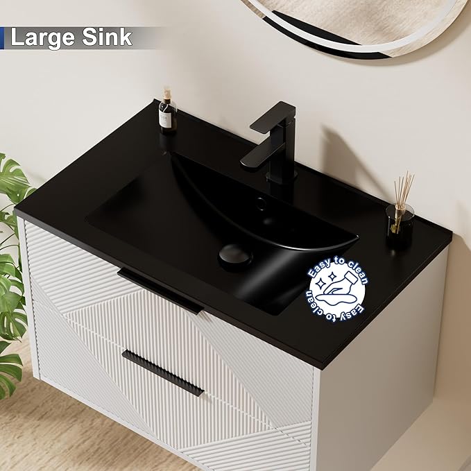 LUCKWIND 30" Floating Bathroom Vanity with Black Sink Combo, Wall Mounted Floating Cabinet with 2 Large Soft-Close Drawers & Water Saving Faucet, Geometric Textured Design in White