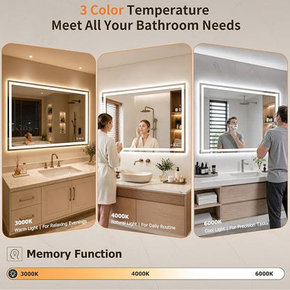 24"x48" LED Bathroom Mirror with Lights, Anti-Fog, Backlit+Frontlit | CRI 95, Stepless Dimmable, 3 Colors Lighting, Shatterproof Tempered Glass, HD Reflection, Memory, (Horizontal/Vertical)