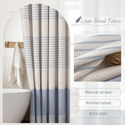 Light Blue Coastal Ocean Linen Striped Shower Curtain with Tassel 72W X 72L | Boho Farmhouse Shower Curtains with Linen Texture for Bathroom Decor
