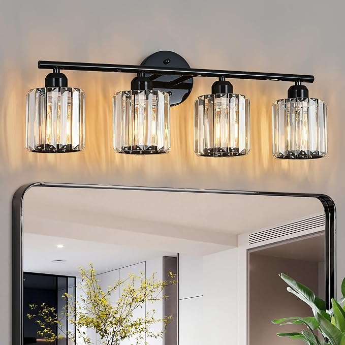 Modern 4 Light Crystal Vanity Light, Plating Black Vertical Bathroom Light Fixture Over Mirror for Dressing Table Sink, Compatible with Dimmable Bulbs (Bulbs Not Included)