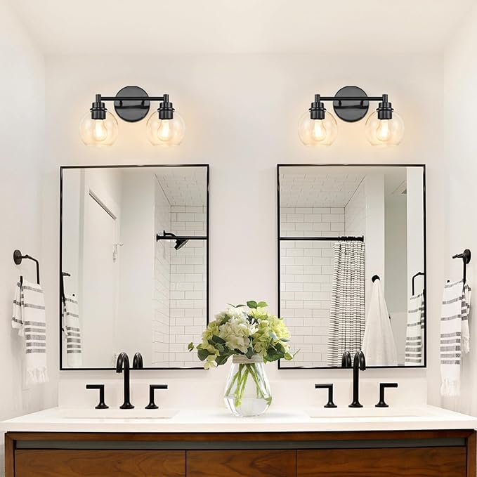 Bathroom Light Fixtures, Vanity Lights for Bathroom 2-Light Black, Bathroom Lighting Fixtures Over Mirror with Clear Glass Globe Shade, Bathroom Vanity Light for Living Room Kitchen Bedroom Hallway