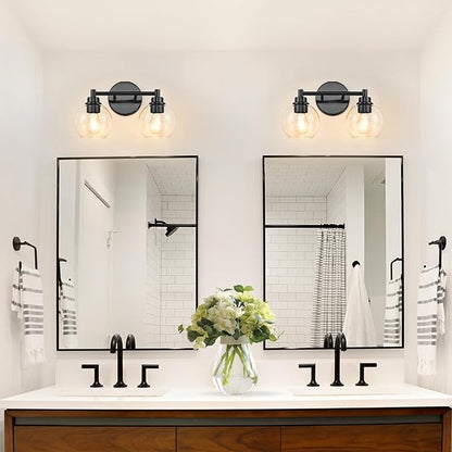 Bathroom Light Fixtures, Vanity Lights for Bathroom 2-Light Black, Bathroom Lighting Fixtures Over Mirror with Clear Glass Globe Shade, Bathroom Vanity Light for Living Room Kitchen Bedroom Hallway