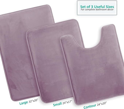 Clara Clark 3 Piece Bathroom Rugs, Velvet Memory Foam Bath Mat Set, Non-Slip Bath Rugs, Machine Wash, Dries Quickly, Ultra Soft Plush Bath Mats for Bathroom, 17 x 24/20 x 32 / Contour, Dusty Purple