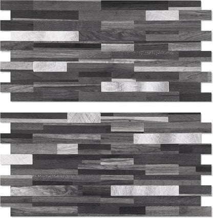 Yipscazo 2 Sheets Peel and Stick Stone Metal Backsplash, PVC Wall Tiles Stick on Tiles for Backsplash Kitchen, Bathroom, Fireplace (6'' X 12'', Black Wood)