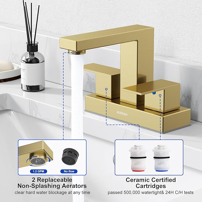 Bathroom Sink Faucet, Hurran 4 inch Brushed Gold Bathroom Faucets for Sink 3 Hole with Pop-up Drain and Supply Lines, Stainless Steel 2-Handle Faucet for Vanity RV Restroom