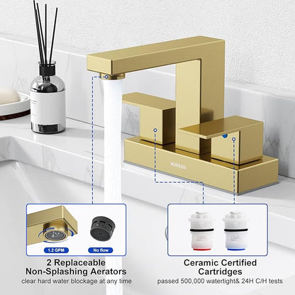 Bathroom Sink Faucet, Hurran 4 inch Brushed Gold Bathroom Faucets for Sink 3 Hole with Pop-up Drain and Supply Lines, Stainless Steel 2-Handle Faucet for Vanity RV Restroom