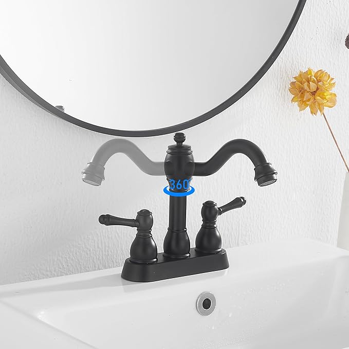 GGStudy Matte Black Bathroom Faucet 2 Handles 4 Inches Centerset RV Black Bathroom Vanity Faucet with Drain Assembly and Supply Hose Lavatory Faucet