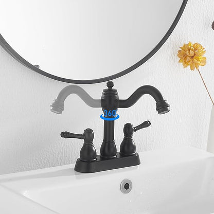 GGStudy Matte Black Bathroom Faucet 2 Handles 4 Inches Centerset RV Black Bathroom Vanity Faucet with Drain Assembly and Supply Hose Lavatory Faucet