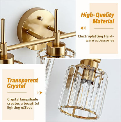 Bathroom Lighting Fixtures, 3 Light Gold Bathroom Light Fixtures with Clear Shades Modern Crystal Vanity Light Bath Room Vanity Lighting Over Mirror Wall Light