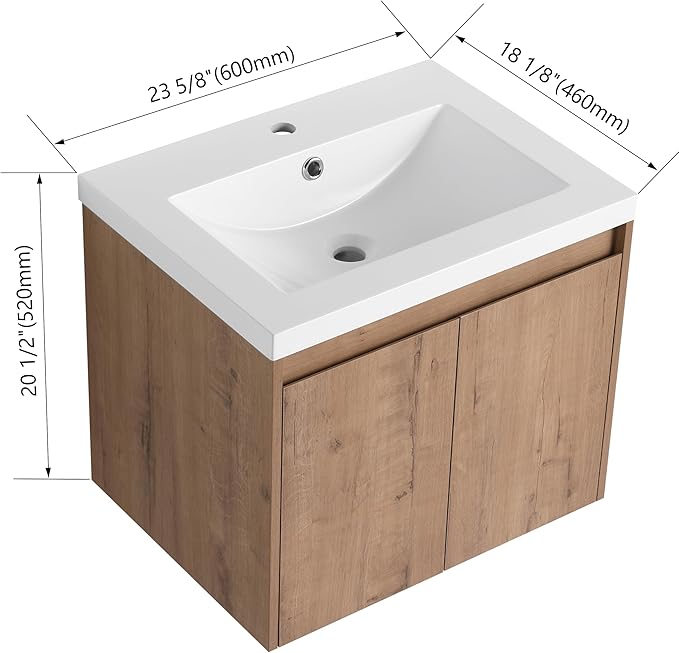 24'' Floating Bathroom Vanity with Sink, 24 Inch Wall-Mounted Single Sink Cabinet for Small Bathrooms, Soft-Close Doors & Vertical Storage, Space-Saving Design, Imitative Oak