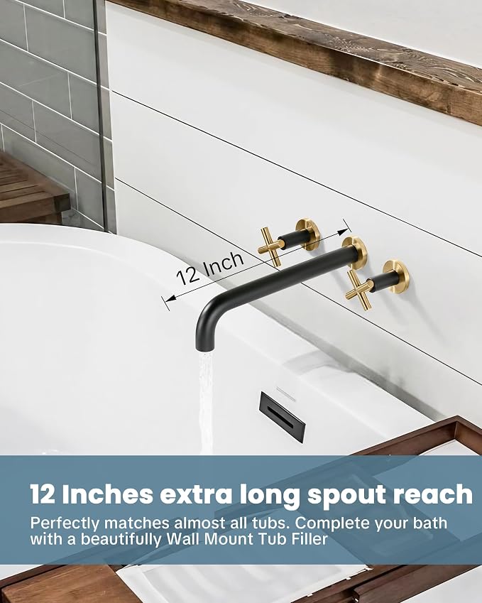 ARCORA Wall Mount Tub Filler: Black and Gold Bathtub Faucet Long Spout Reach 2 Cross Handles Tub Faucet with Brass Rough in Valve Included