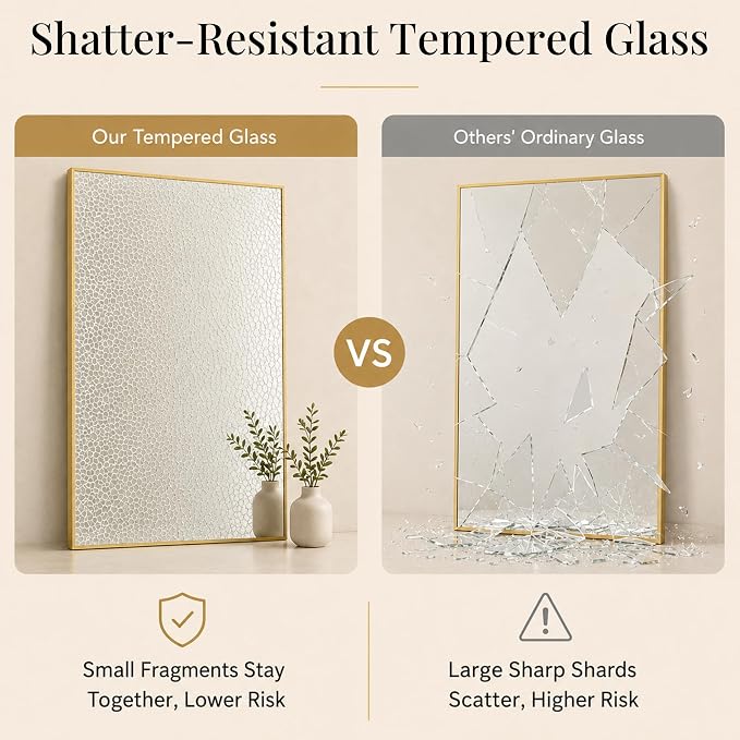 36"x24" Brushed Gold Framed Rectangle Bathroom Vanity Wall Mirror | Over-Sink Vanity Mirror, Slim Metal Frame, Entryway or Dresser Use, Vertical/Horizontal Mount, Tempered Glass