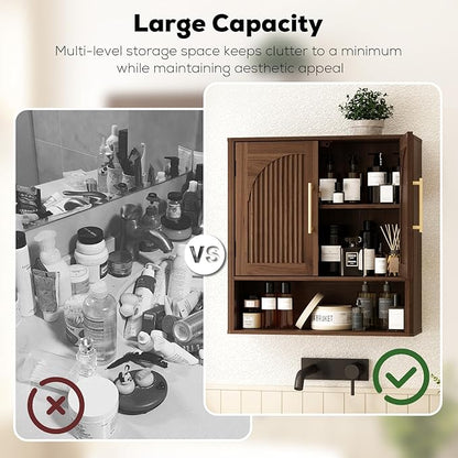 RUSTOWN Fluted Bathroom Wall Cabinet, Mid Century Modern Medicine Cabinet W/Adjustable Shelf & 2 Arched Doors, Over The Toilet Storage Cabinets for Laundry Room Kitchen Living Room, Dark Walnut