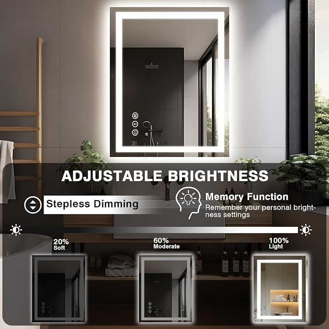 EchosLife 28"x36" LED Bathroom Mirrors for Wall | Backlit + Front Lit, Anti-Fog, Stepless Dimmable, 3 Colors, Memory, Tempered Glass, UL Listed, Horizontal/Vertical