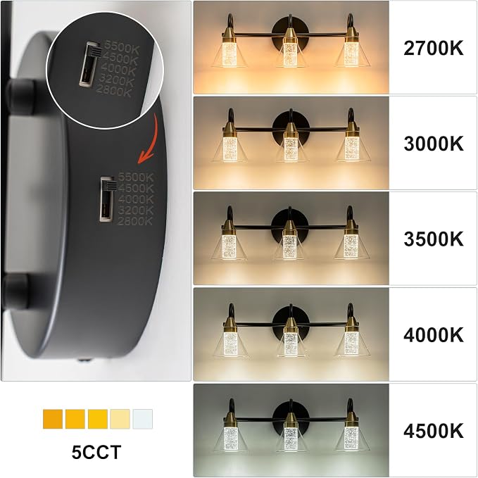 WILON Bathroom Vanity Light, 3-Light LED Vanity Light Fixtures Over Mirro | 5 Color Modes 2700K-6500K, Bubble Glass Effect, Hardwired Installation, Flicker-Free LED, Eye Protection