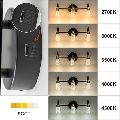WILON Bathroom Vanity Light, 3-Light LED Vanity Light Fixtures Over Mirro | 5 Color Modes 2700K-6500K, Bubble Glass Effect, Hardwired Installation, Flicker-Free LED, Eye Protection