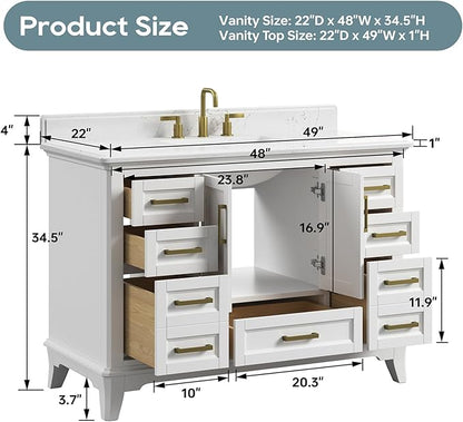 48 Inch Bathroom Vanity with Sink, Farmhouse Bathroom Vanity Set with Quartz Countertop, Painted Bathroom Storage Cabinet with Soft Closing Doors & Dovetail Pine Drawers, White