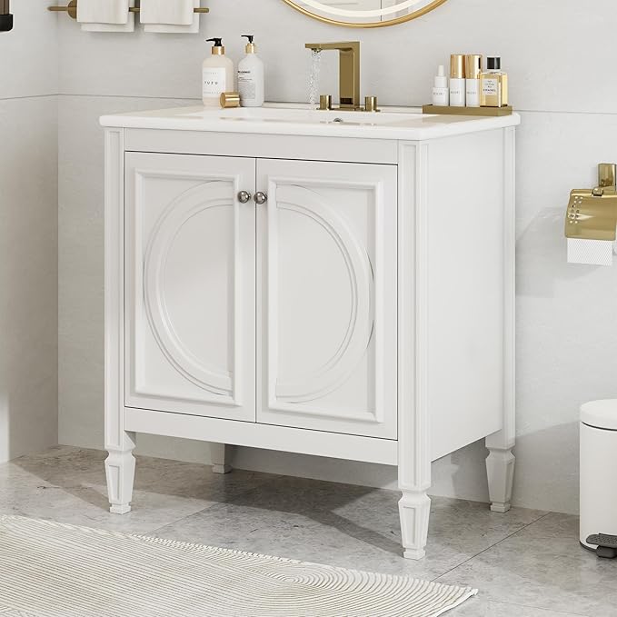 Christopher Knight Home Benton 30" Bathroom Vanity with Ceramic Sink, Rubberwood Frame, Adjustable Shelves, Soft Close Door Hinges, Storage Cabinet with 2-Tier Door Organizer, 1 Drawer, White