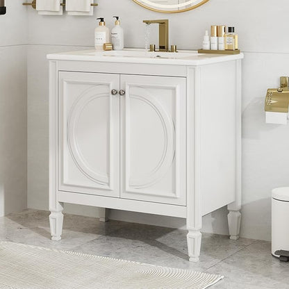 Christopher Knight Home Benton 30" Bathroom Vanity with Ceramic Sink, Rubberwood Frame, Adjustable Shelves, Soft Close Door Hinges, Storage Cabinet with 2-Tier Door Organizer, 1 Drawer, White