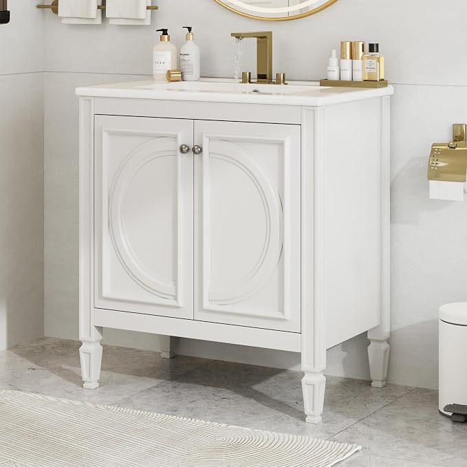 30" Bathroom Vanity with Sink, Storage Cabinet with Drawer, Two Doors with Shelf, Soft Close Door Hinges, Vintage Style, White