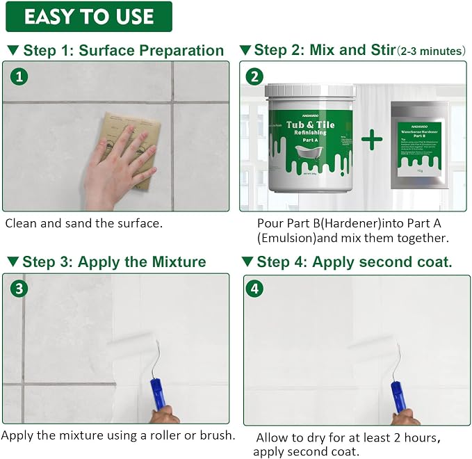 NADAMOO Tub and Tile Refinishing Kit White, Without Tools, 500g/17 oz Emulsion and 10g Hardener