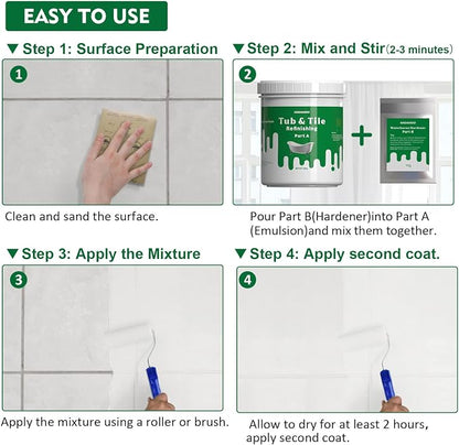 NADAMOO Tub and Tile Refinishing Kit White, Without Tools, 500g/17 oz Emulsion and 10g Hardener