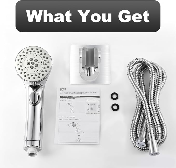 OFFO Handheld Shower Head with Adjustable Shower Head Holder, 5 Mode Handheld Shower Head with On Off Switch for Water Saving, High Flow Showerheads with 60" Stainless Steel Hose, Silver