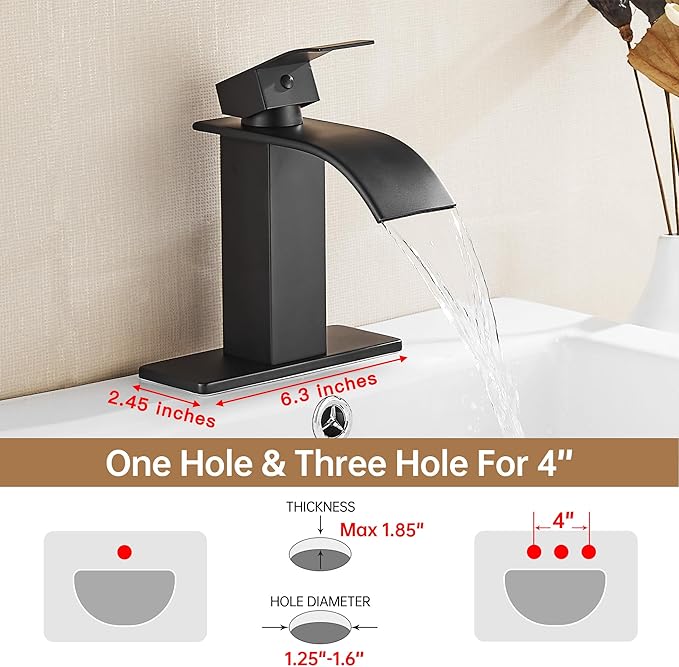 FRANSITON Black Waterfall Bathroom Faucet Lavatory Single Handle 1 or 3 Hole Bathroom Sink Faucet Washbasin Faucet with Deck and Pop-up Drain (Matte Black- Set of 2, Short)