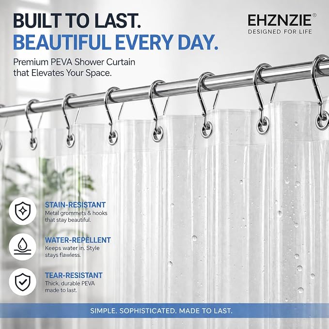 EHZNZIE Crystal Clear Heavy Duty Shower Curtain Liner 72x72, PEVA Waterproof Bath Curtain, No Chemical Smell, 3 Weighted Magnets, Durable with Rustproof Metal Grommets