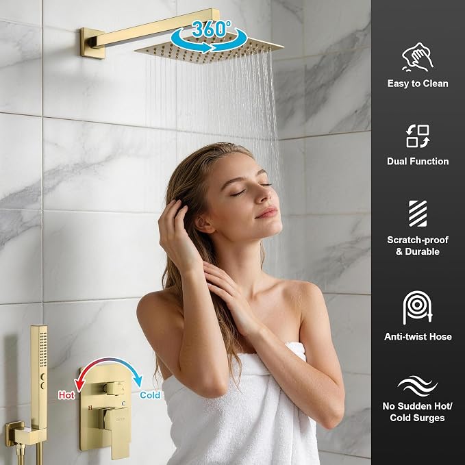 Rain Shower System, 8''Square Rain Head,2-Spray Handheld,Gold | 2 Spray Functions,Anti-Tangle Explosion-proof PVD Hose,Balance Temp Valve,Rust-proof & Scratch-resistant