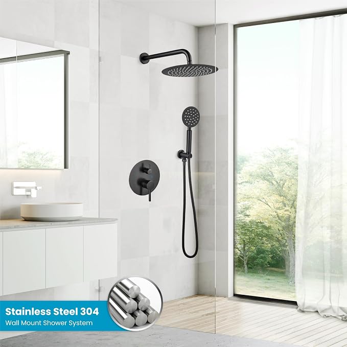 gotonovo High Pressure Shower System Valve and Trim Kit,Oil Rubbed Bronze | Round Rain 10 Inch Shower Head with Handheld Faucet Set Complete,Rough In Valve,2-in-1 Diverter,All Metal,Bathroom Wall Mount