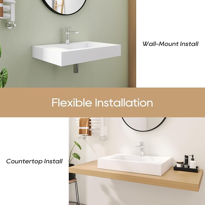 SJ Star&Jane 29" x 19" in Solid Surface Bathroom Sink, Wall-Mount or Countertop Vessel Sink, Rectangle Floating Vanity Sink, Pre-installed Faucet Holes, Durable Modern Design