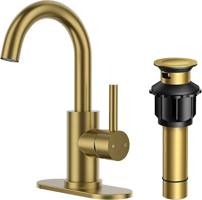 FORIOUS Brushed Gold Bathroom Faucet 1 Hole Single Handle 360° Swivel Gooseneck Spout, with Metal Pop Up Drain and cUPC Supply Line, Suitable for Wet Bar Kitchen RV Vanity Restroom
