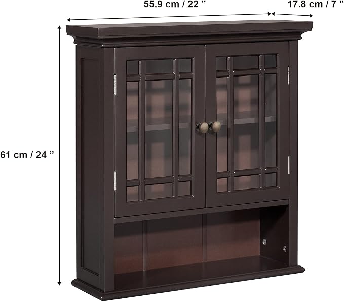 Teamson Home Neal Wooden Over The Toilet Bathroom Removable Wall Medicine Cabinet with 1 Fixed and 1 Adjustable Shelf 3 Storage Spaces 2 Glass Mosaic Doors and Crystal-Cut Acrylic Knobs, Espresso | Bathroom Kitchen Storage Space Saver, 2 Doors and 1 Op...