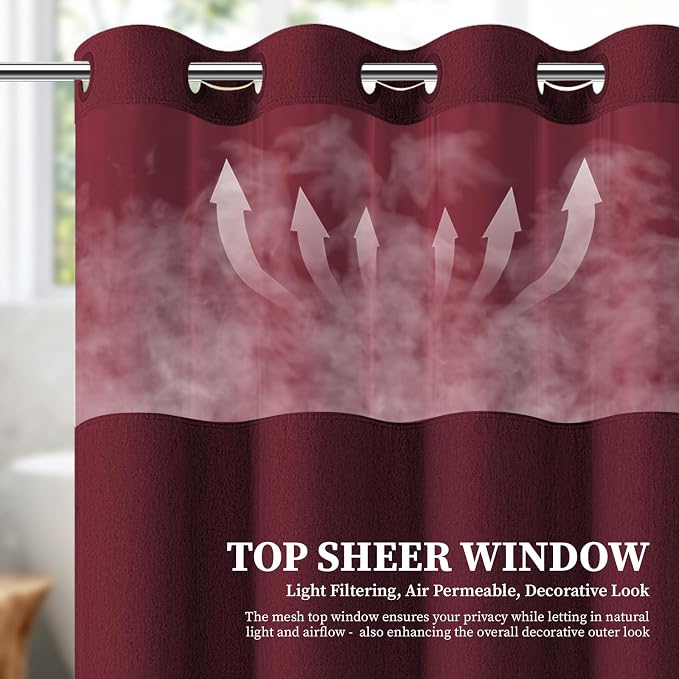 Burgundy Ringless Linen Look Shower Curtain with Snap in Liner, 72x75 | 3 in 1 Hotel Shower Curtain Set, Removable Liner, Waterproof & Washable, Mesh Top Window, Durable Fabric, Easy to Install