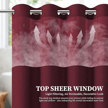 Burgundy Ringless Linen Look Shower Curtain with Snap in Liner, 72x75 | 3 in 1 Hotel Shower Curtain Set, Removable Liner, Waterproof & Washable, Mesh Top Window, Durable Fabric, Easy to Install