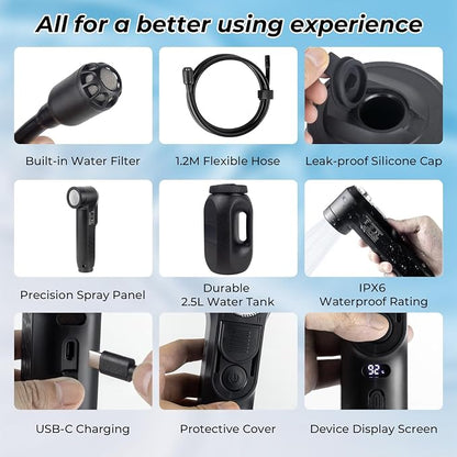 Portable Bidet for Travel, 1600mAh Electric Handheld Bidet with 2.5L Tank | USB-C Rechargeable, Dual Spray Modes (Jet/Shower), Personal Hygiene Sprayer for Home, Camping, Postpartum & Elderly Care