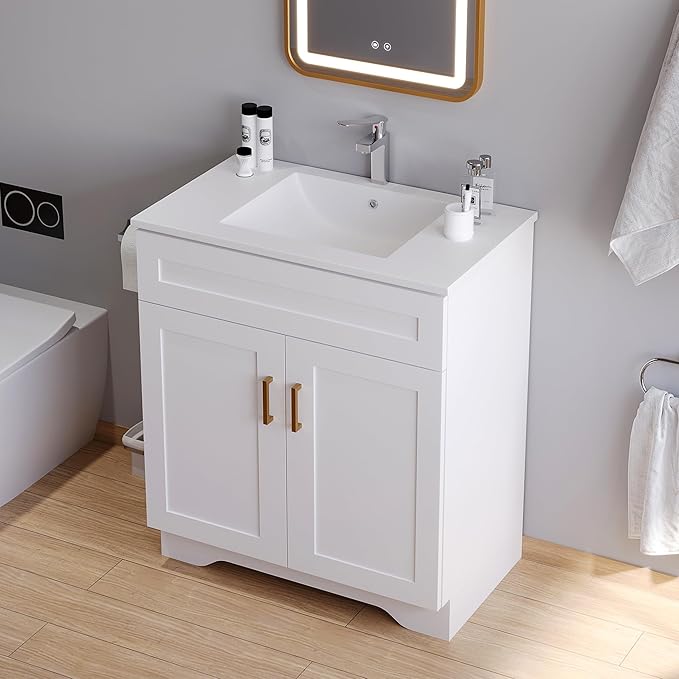 Bathroom 30" Vanity with Ceramic Sink, Wooden Double Door Bathroom Storage Cabinet, Freestanding Cabinet Vanity with Sink (Paint, White,30")